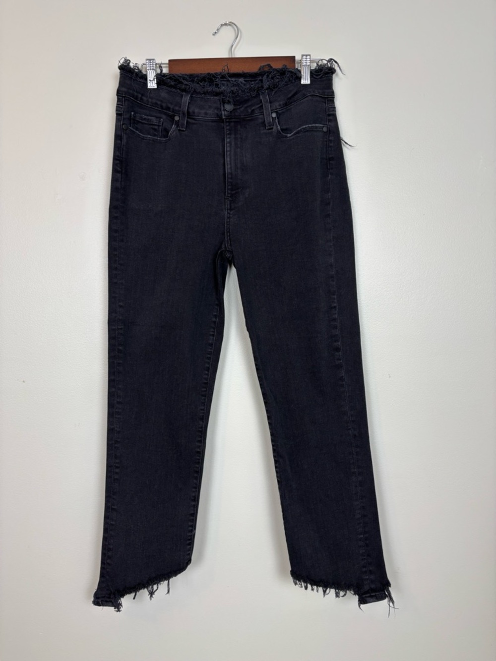 Paige Jeans Womens 31 Paige Straight Leg Crop Raw Hem Waist Fringe in Black